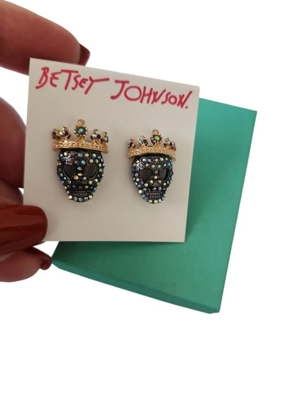 Betsey Johnson Skull & Crown Blue Rhinestone Pave  Earrings NIB